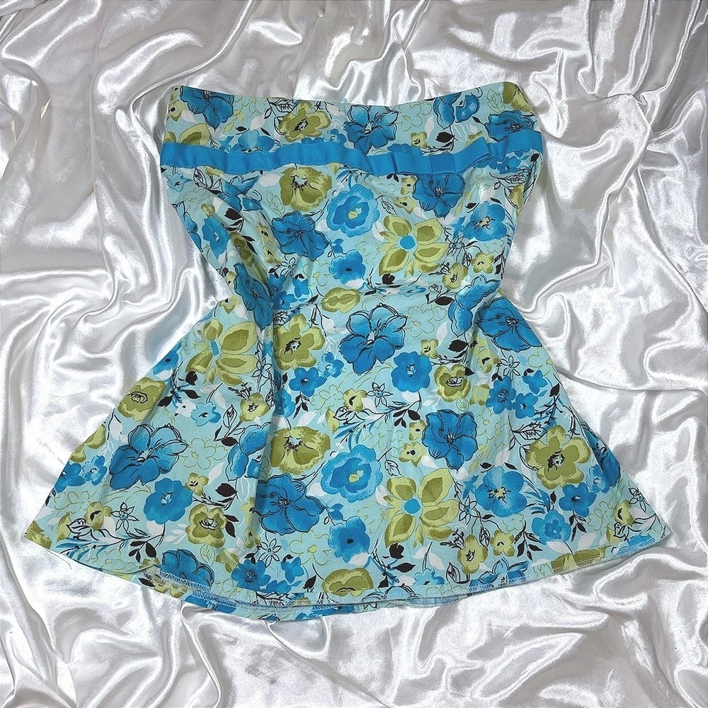 y2k Mini Skirt Blue Excellent Floral Cotton Stretch Ribbon Bow A-Line Skirt